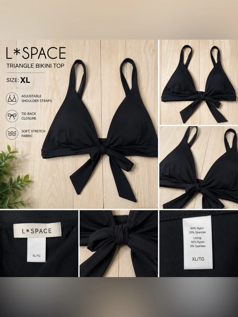 L*Space Black Triangle Bikini Top XL Tie Back Adjustable Swim Top Minimalist